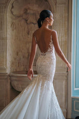 Long Backless Spaghetti Straps Mermaid Tulle Appliques Lace Wedding Dress