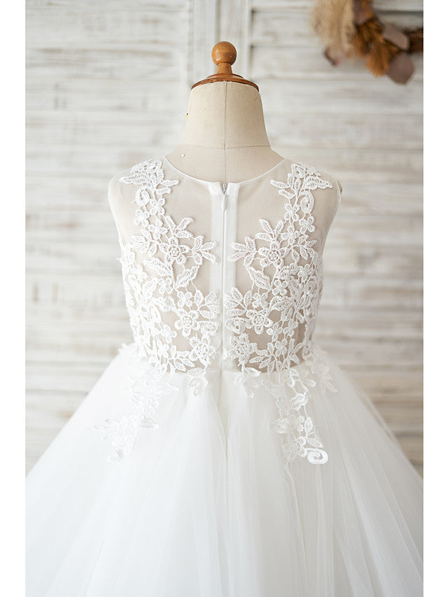 White Ball Gown Tulle Lace Birthday Flower Girl Dresses