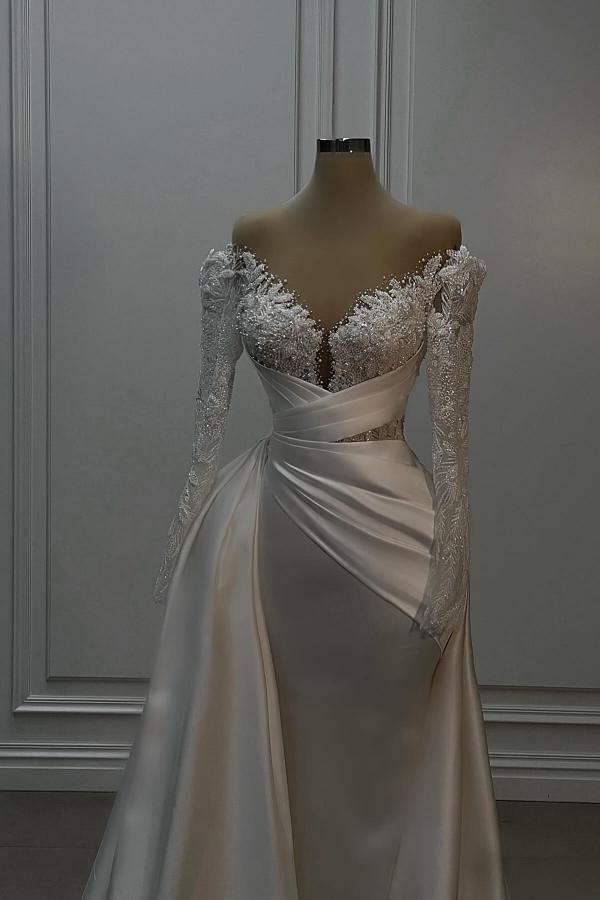 White Long Mermaid V-neck Satin Lace Wedding Dresses with Sleeves