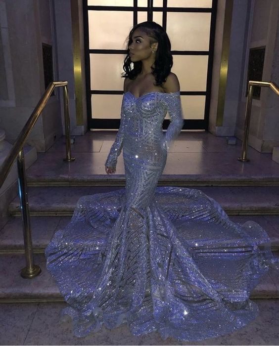 Long Sleeve Off the Shoulder Sequins Train Mermaid Prom Dresses