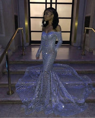 Long Sleeve Off the Shoulder Sequins Train Mermaid Prom Dresses
