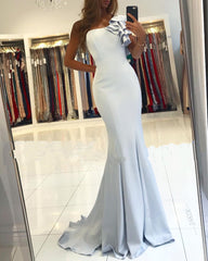 Long One Shoulder Backless Floor Length Ruffles Satin Mermaid Prom Dress