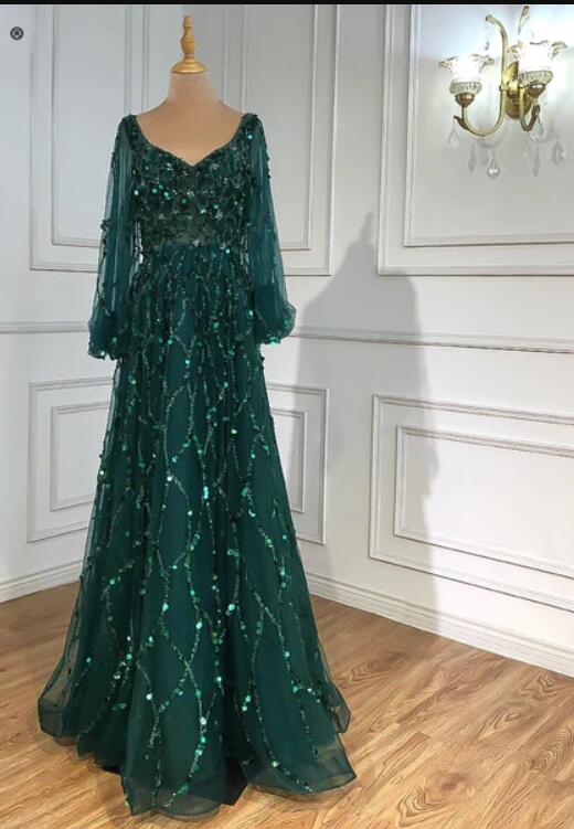 Long A-line V-neck Tulle Beading Formal Prom Dress with Sleeves