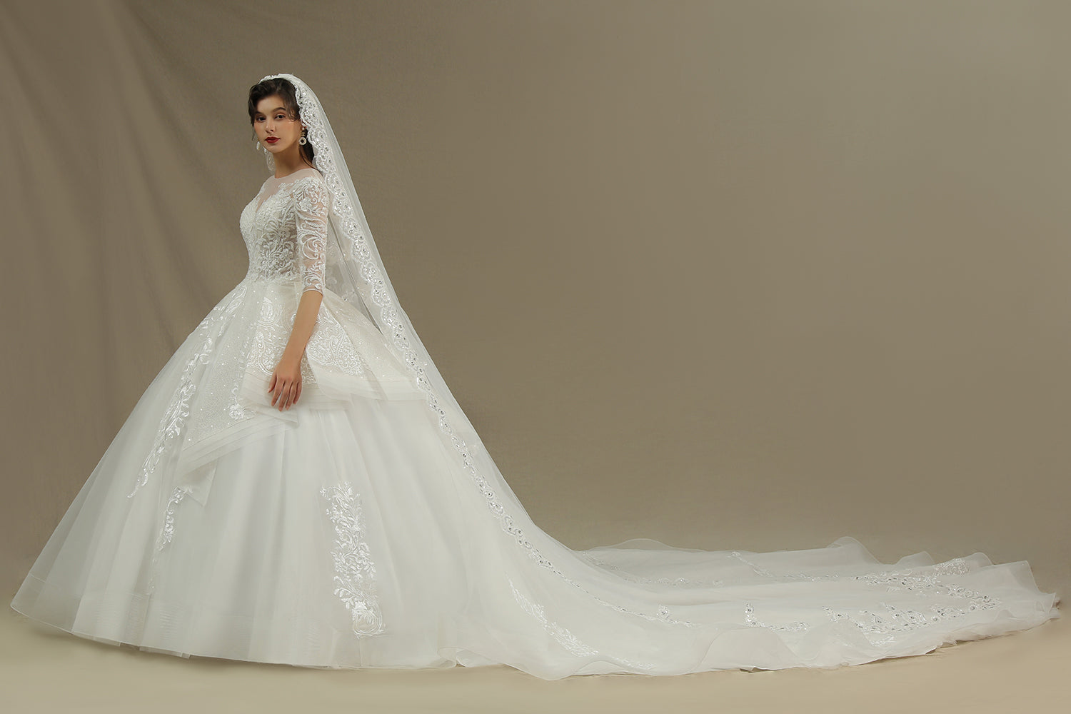 Luxury Ball Gown Crew Neck Floral Lace Tulle Wedding Dresses with Sleeves