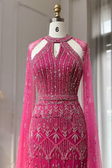 Long Mermaid Halter Beading Sequins Tulle Formal Prom Dresses with Tulle Shawl