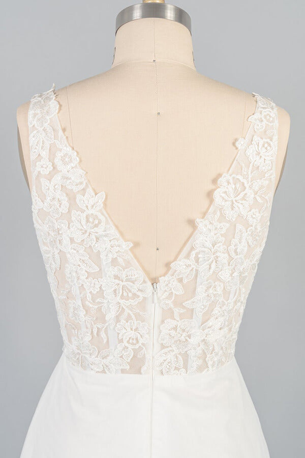 Long V-neck Appliques Lace Tulle A-line Wedding Dress with Slit