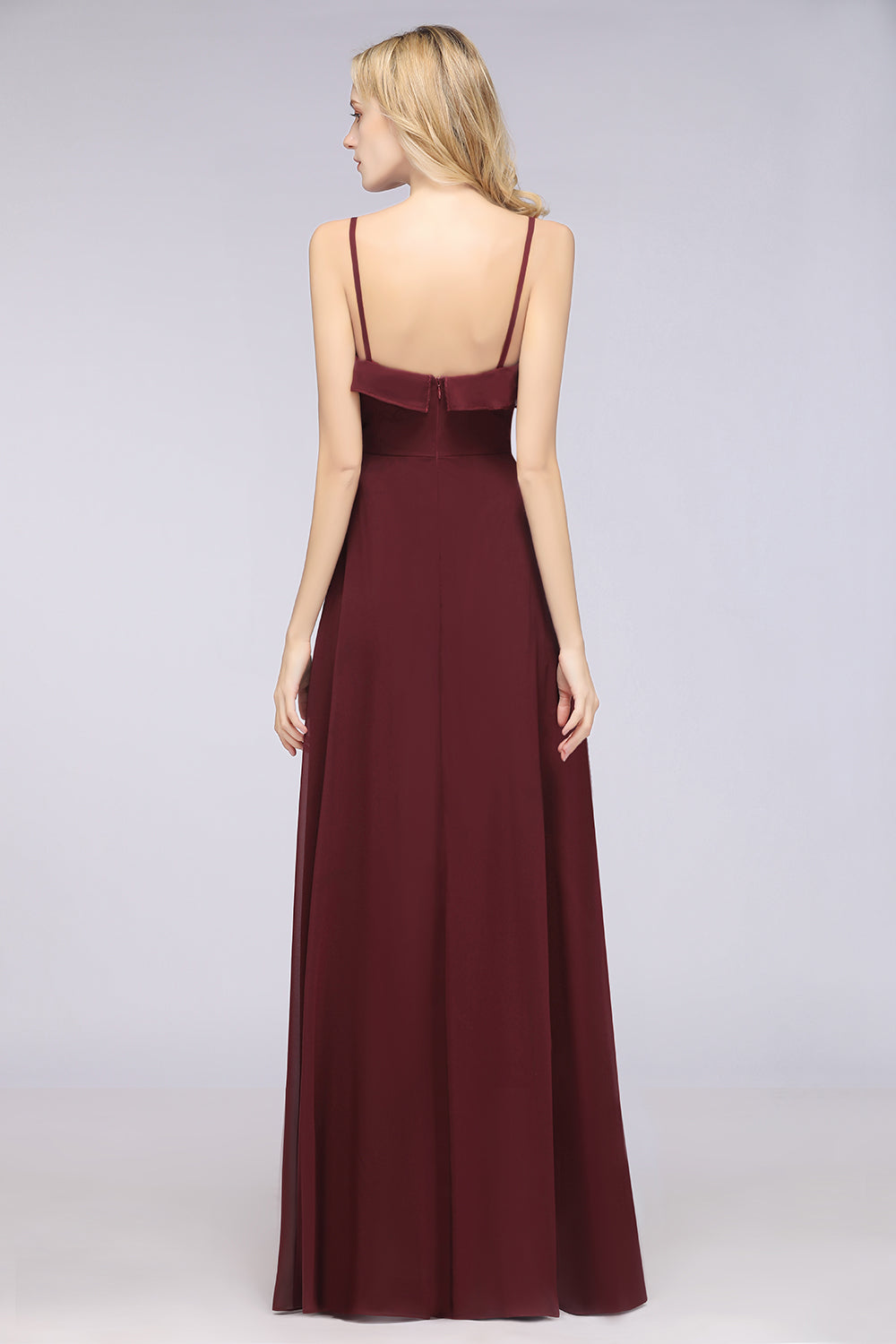 Spaghetti Straps A-Line Chiffon Backless Floor Length Prom Dress With Ruffles