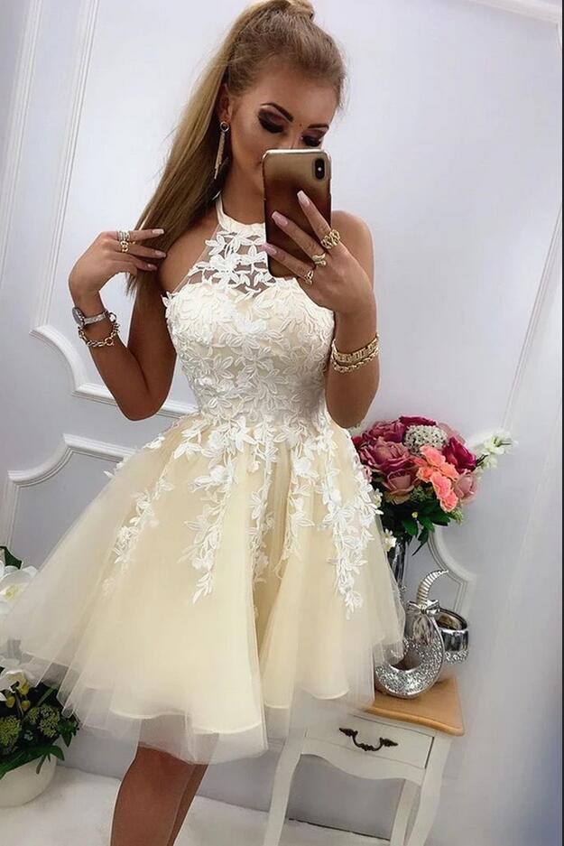 Cute Short A-line Halter Tulle Lace Homecoming Dresses