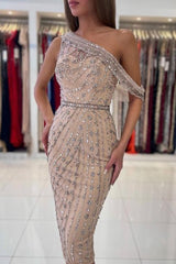Short Mermaid One Shoulder Sparkle Beaded Tulle Party Dresses