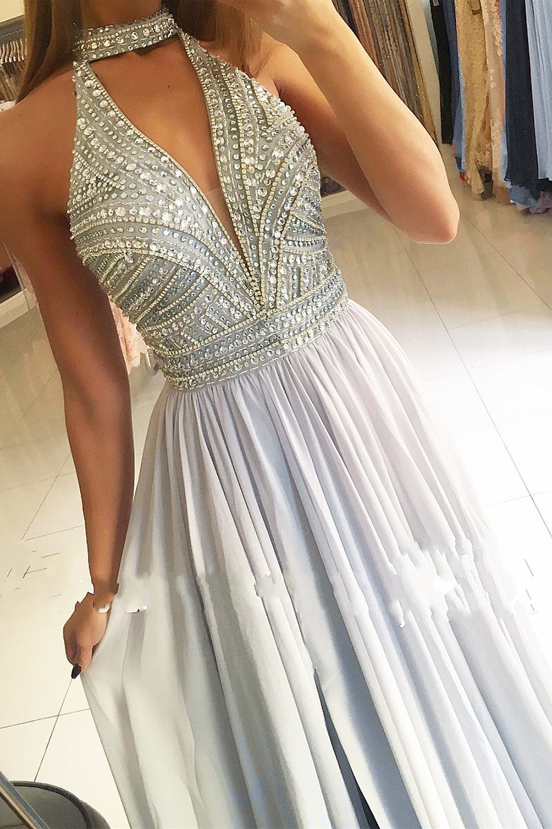 Elegant Long Halter Keyhole Beading A-Line Ruffles Floor Length Prom Dress