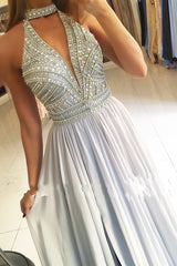 Elegant Long Halter Keyhole Beading A-Line Ruffles Floor Length Prom Dress