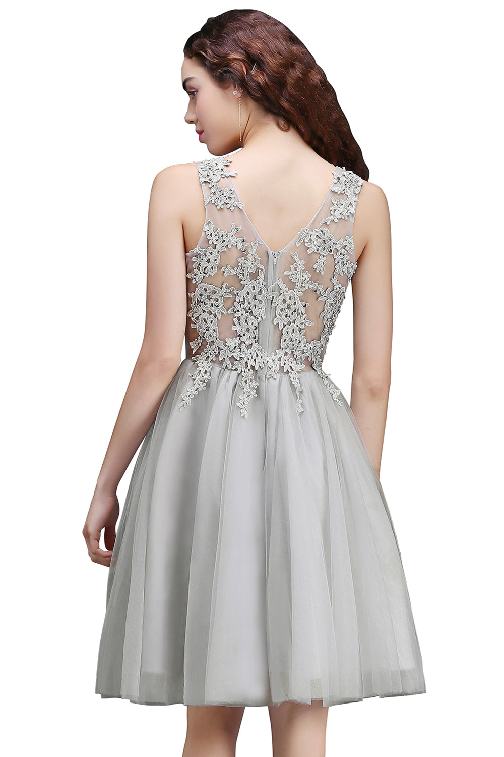 A-line Scoop Neck Tulle Lace Short Homecoming Dress with Appliques Lace