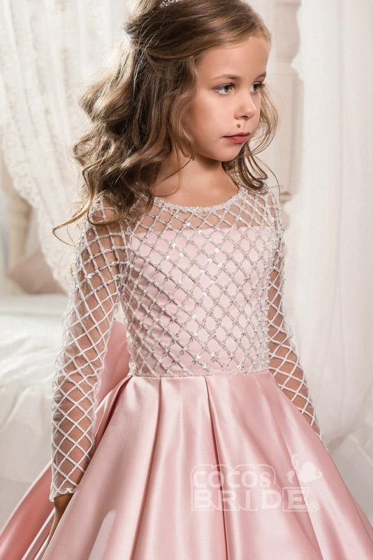 Scoop Neck Long Sleeves Ball Gown Flower Girl Dress with Pockets