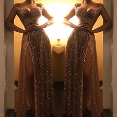 Gorgeous Long A-line Sweetheart Sequins Prom Dresses with Slit