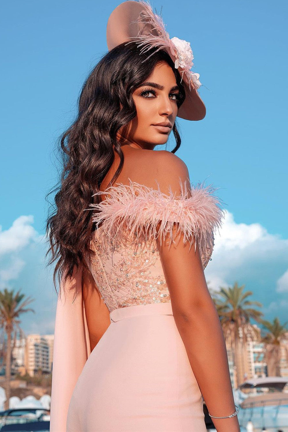 Modern One Shoulder Feather Sequins Floor Length Jumpsuit With Side Cape