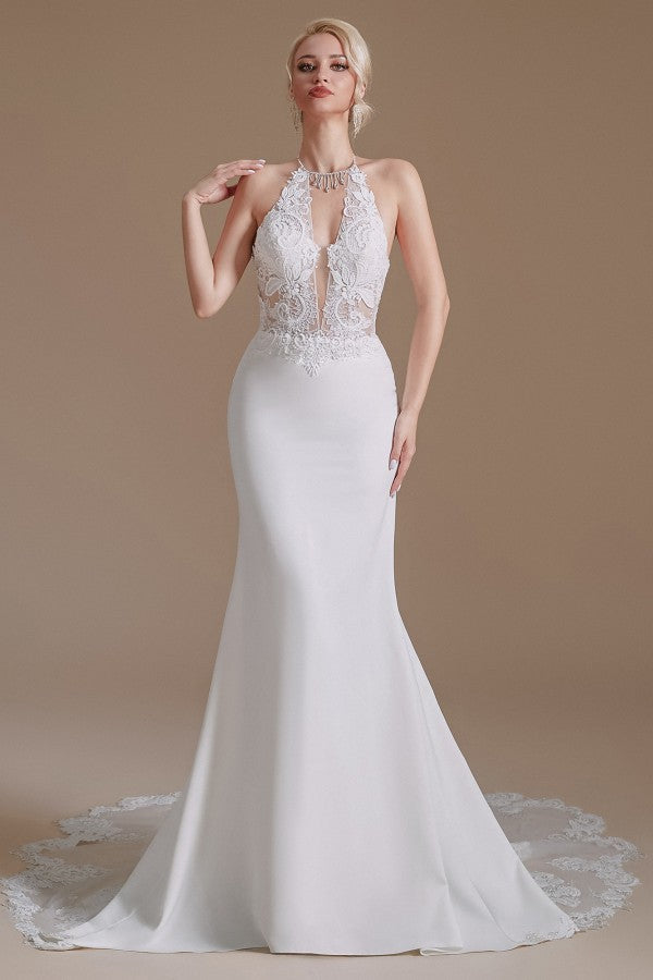 Long Mermaid Halter Backless Satin Wedding Dresses with Appliques Lace