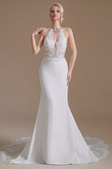 Long Mermaid Halter Backless Satin Wedding Dresses with Appliques Lace