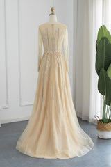 Long A-line Jewel Sequins Tulle Formal Prom Dresses with Sleeves