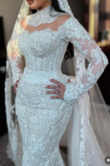 Plus Size High Neck Long Sleeve Lace Mermaid Wedding Dress with Detachable Train