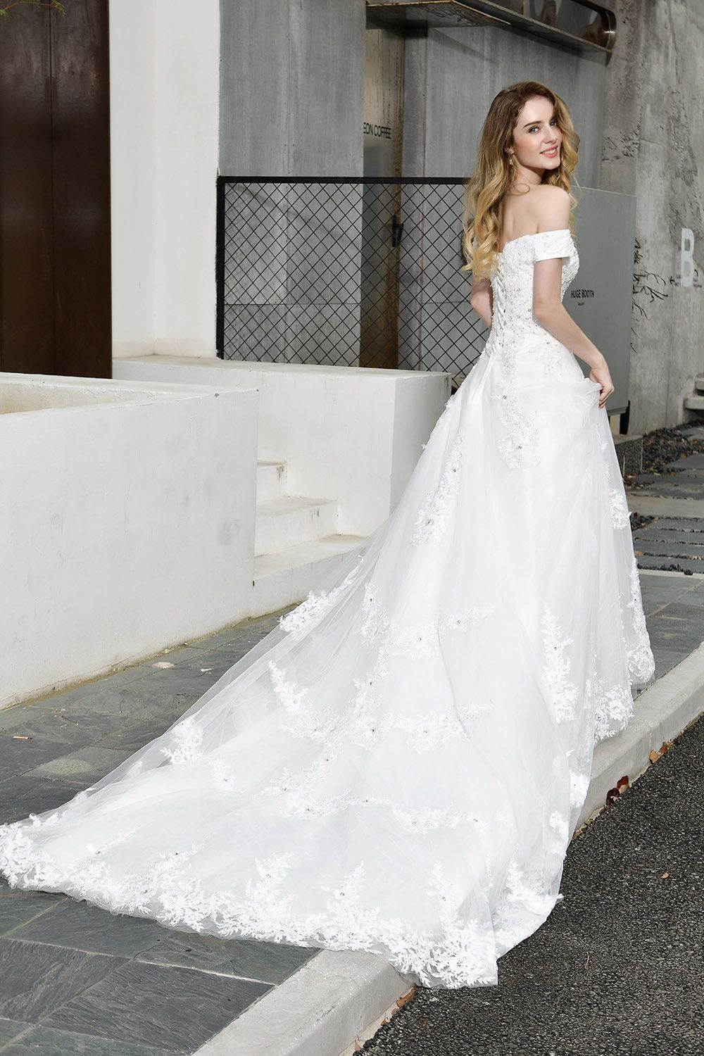Elegant Long A-line Off the Shoulder Tulle Lace White Wedding Dresses