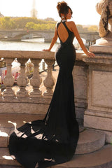 Black Long Mermaid High Neck Sleeveless Backless Prom Dresses