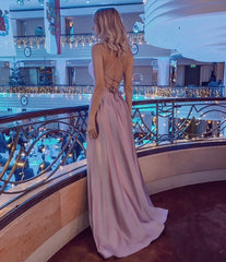 Simple Long A-line Scoop Neck Satin Backless Prom Dress with Slit