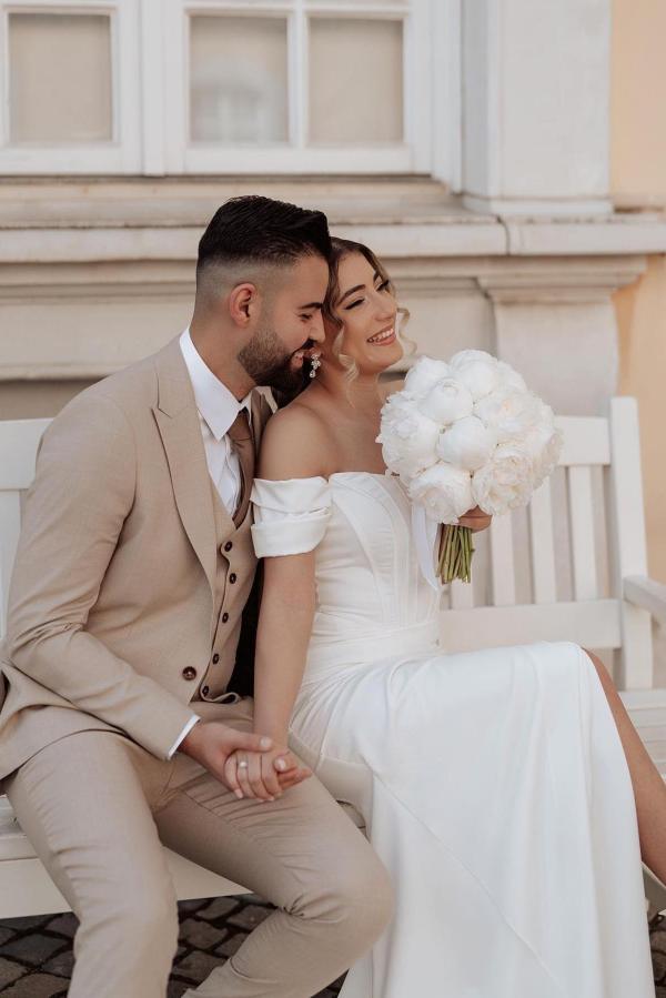 Simple Long Mermaid Off the shoulder Satin Wedding Dress with slit