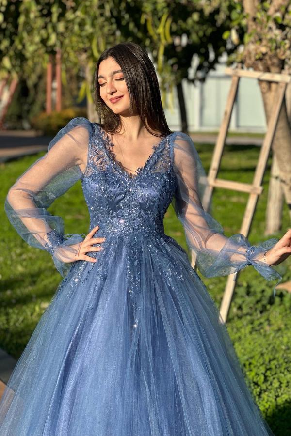Chic Long A-line V-neck Tulle Backless Prom Dresses with Sleeves