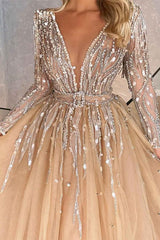Fabulous Long A-line Beading V-Neck Prom Dress with Long Sleeves