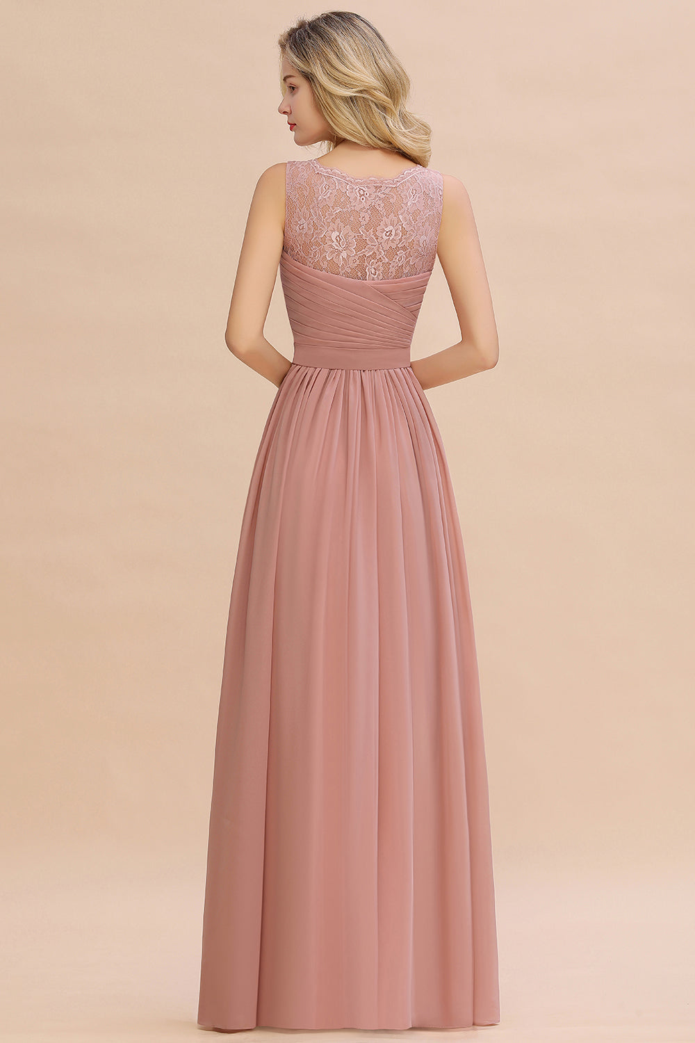 Long A Line Chiffon Sleeveless Lace Bridesmaid Dress with Ruffle