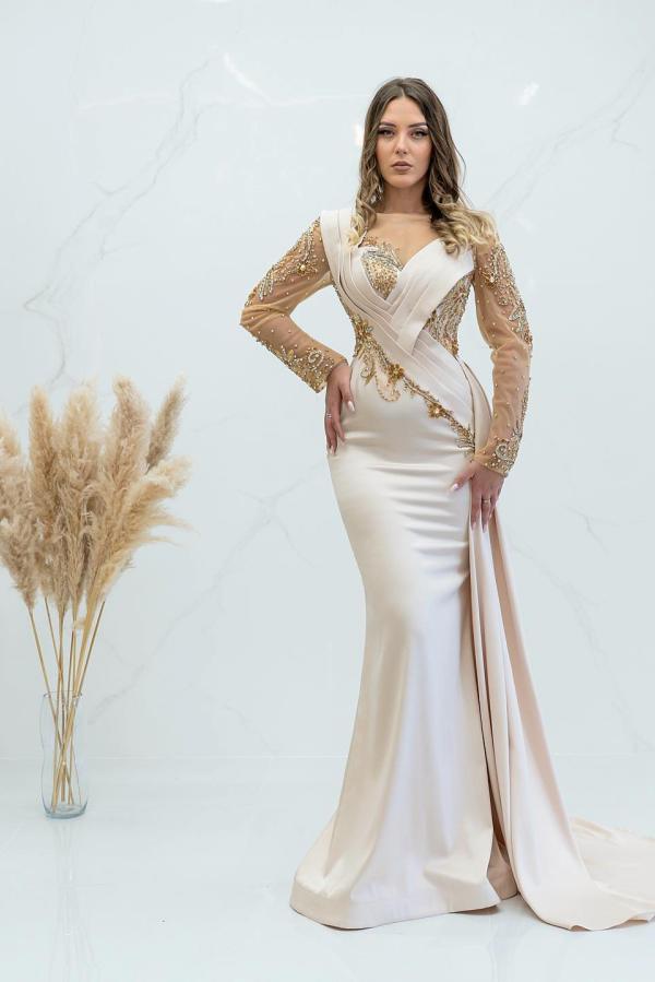 Elegant Long Sleeves Mermaid V-neck Satin Tulle Beading Evening Formal Dress