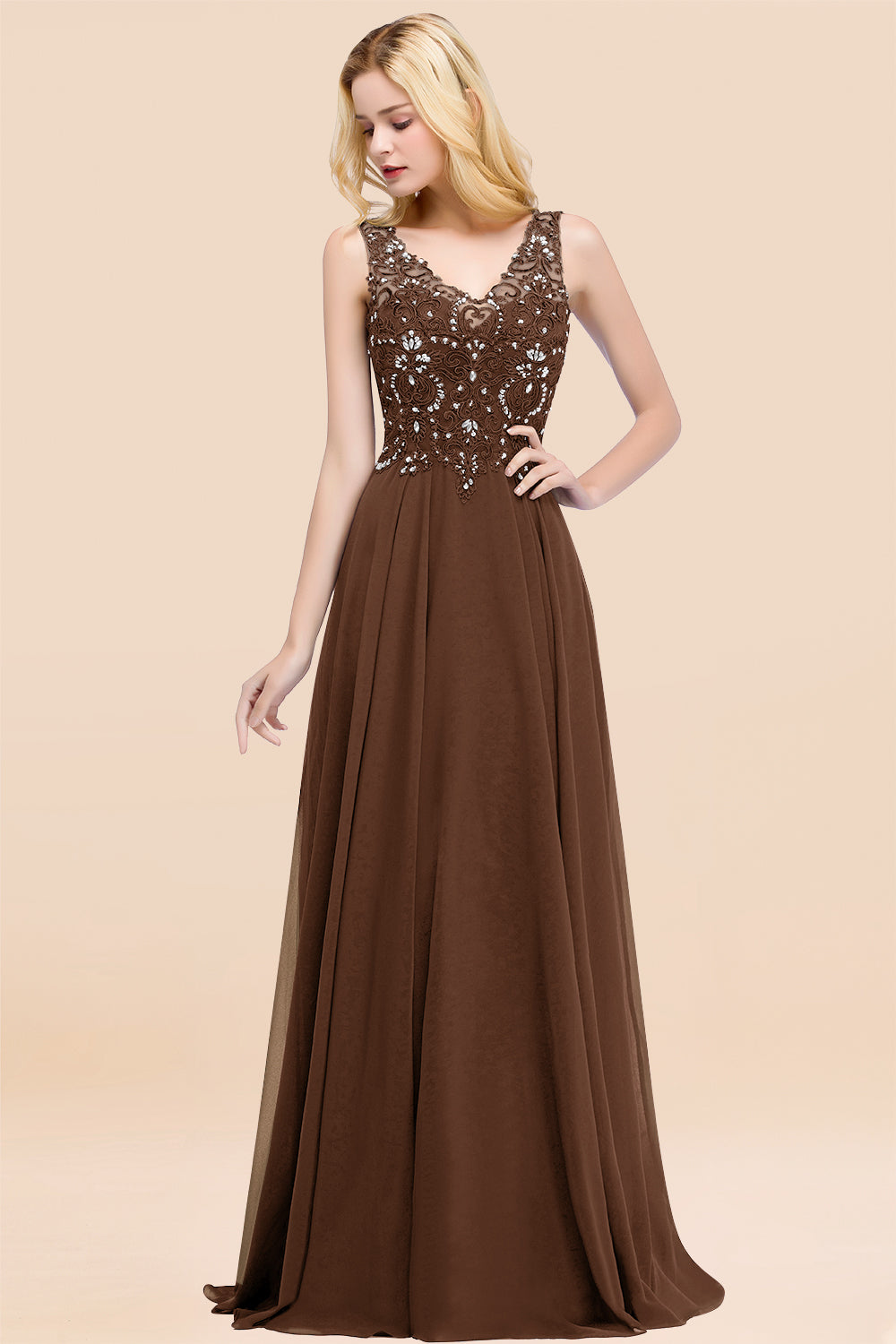 Dusty Rose Lace V-Neck Long Bridesmaid Dresses With Appliques