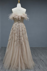 Elegant Long A-line Off the Shoulder Tulle Beading Formal Prom Dresses