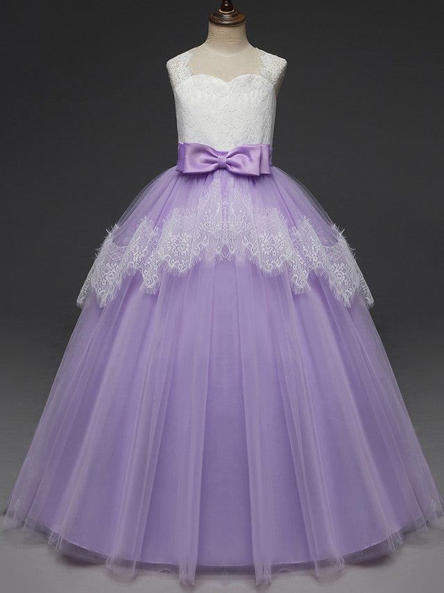 Long A-line Tulle Lace Sleeveless Flower Girl Dresses with Bow