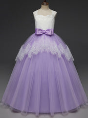 Long A-line Tulle Lace Sleeveless Flower Girl Dresses with Bow
