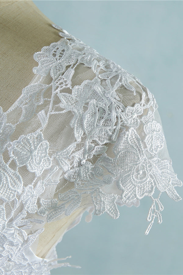 Long Ball Gown Appliques Lace Cap Sleeve Tulle Wedding Dress