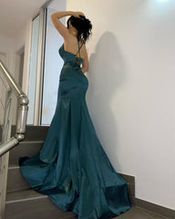 Long V-neck Spaghetti Straps Floor Length Backless Mermaid Prom Dress