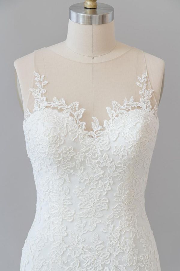 Long Tulle Lace Illusion Appliques Mermaid Wedding Dress
