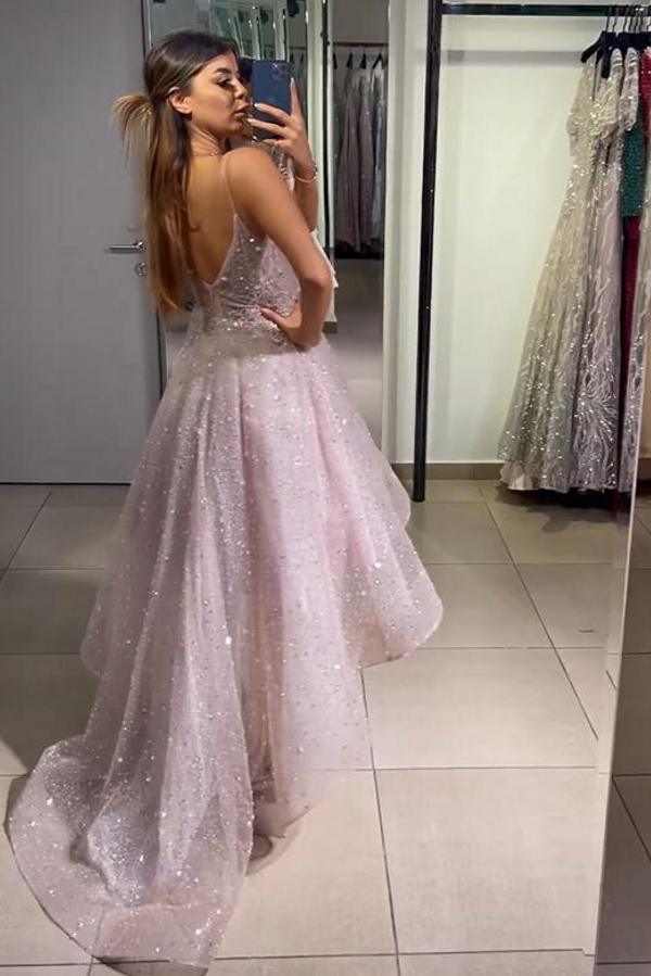 High Low A-line Glitter V-neck Sequined Backless Prom Dress