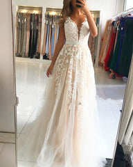 Long V-neck Open Back Lace Floor Length A-Line Ruffles Prom Dress