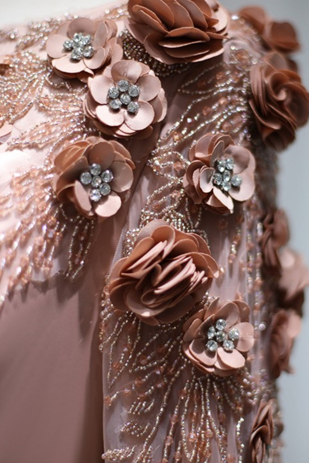 Long Sleeves Mermaid Satin Flower Beadings Formal Evening Dresses with Sweep Train