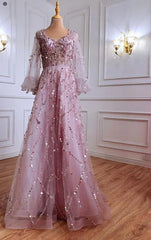 Long A-line V-neck Tulle Beading Formal Prom Dress with Sleeves