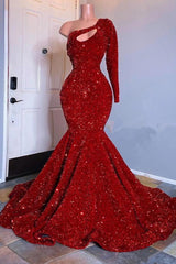 Long Mermaid One Shoulder Sequins Prom Dress with Sleeves