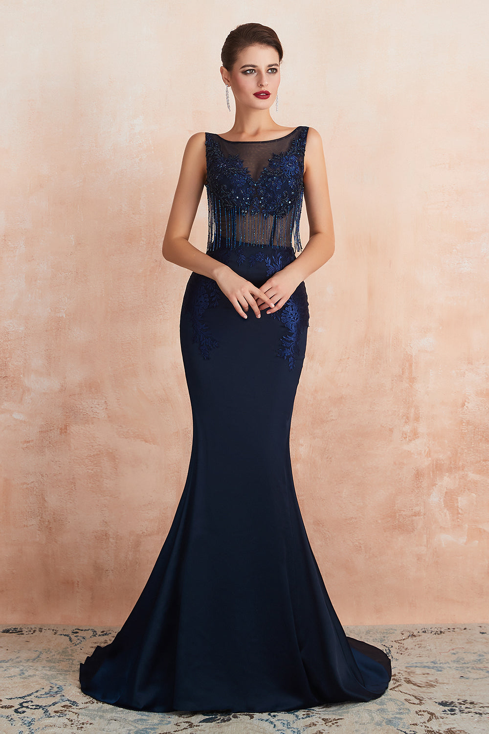 Dark Navy Long Mermaid Beaded Satin Formal Evening Dresses