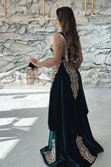 Long Mermaid Velvet Front Slit Formal Formal Evening Dresses with Gold Lace Appliques