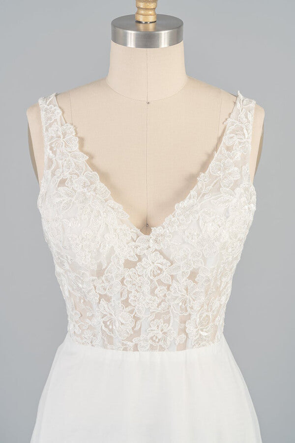 Long V-neck Appliques Lace Tulle A-line Wedding Dress with Slit