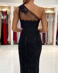 Elegant Short Mermaid One Shoulder Black Lace Formal Party Dress