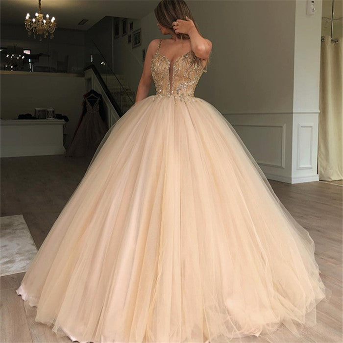 Long Sweetheart Spaghetti Straps Beading Ball Gown Prom Dress