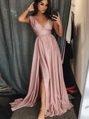 Charming Long V-neck Sleeveless A-line Prom Dresses with Slit