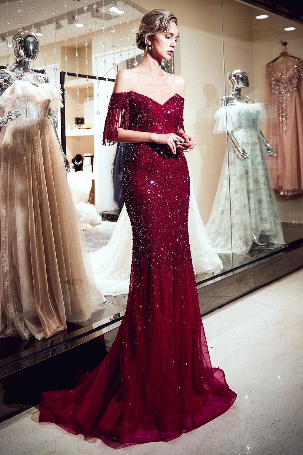 Long Off the Shoulder Tulle Mermaid Formal Evening Dresses